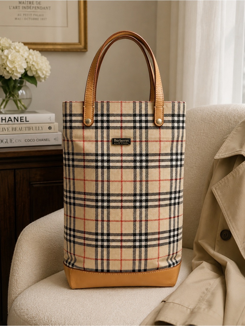 Burberrys of London Blue Label Vertical Nova Check Tote Bag Beige Leather Trim